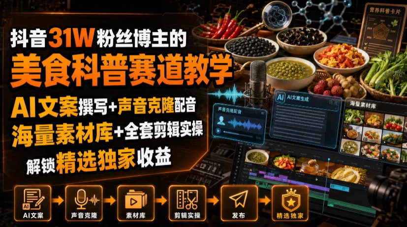 抖音31W粉丝博主的美食科普赛道教学,AI文案撰写+声音克隆配音+剪辑实操,解锁精选独家收益祝你网--专注互联网创业.信息差副业研究拒绝割韭菜祝你网