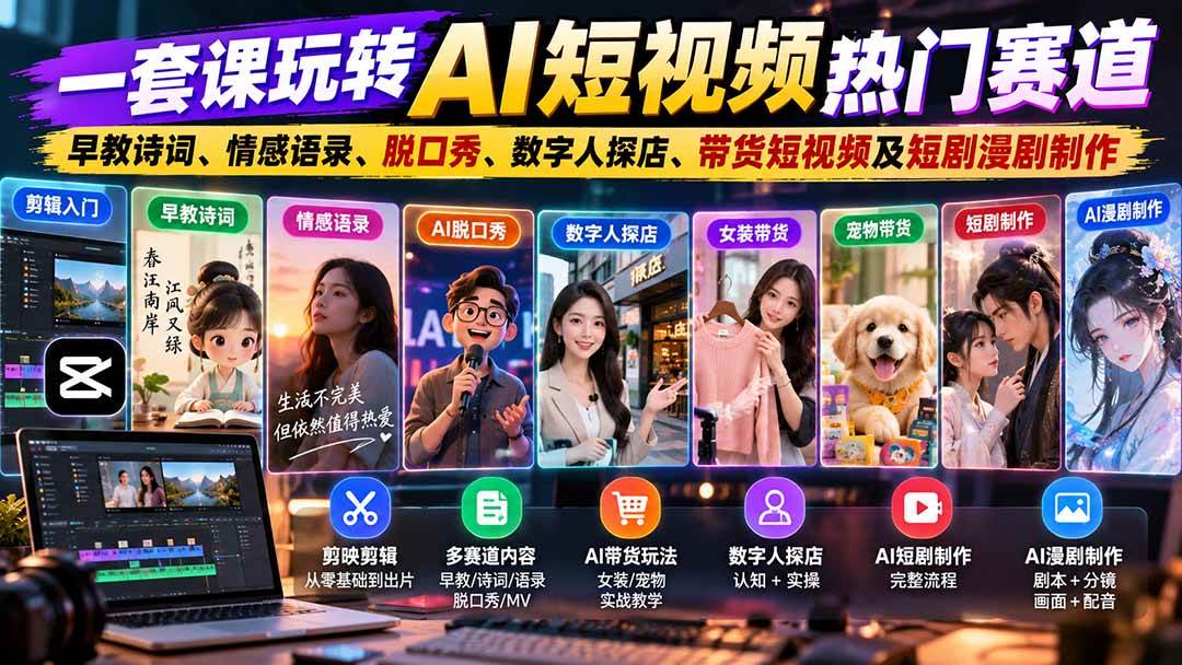 b33a4715fd37613d8ef0fc4dd1d84d9e.jpeg (20964期)一套课玩转AI短视频热门赛道:早教诗词、情感语录、脱口秀、数字人探店、带货短视频及短剧漫剧制作 复制标题