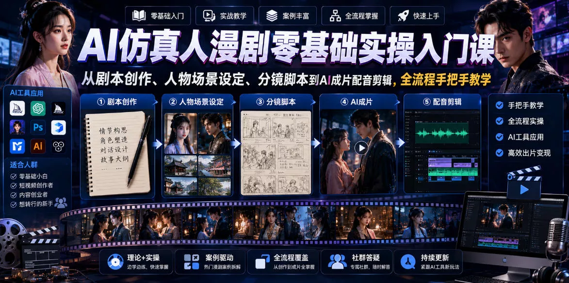 b415448cf1897a4b9d3f5bdbda188d1a.webp AI仿真人漫剧零基础实操入门课,从剧本创作、人物场景设定、分镜脚本到AI成片配音剪辑,全流程手把手教学