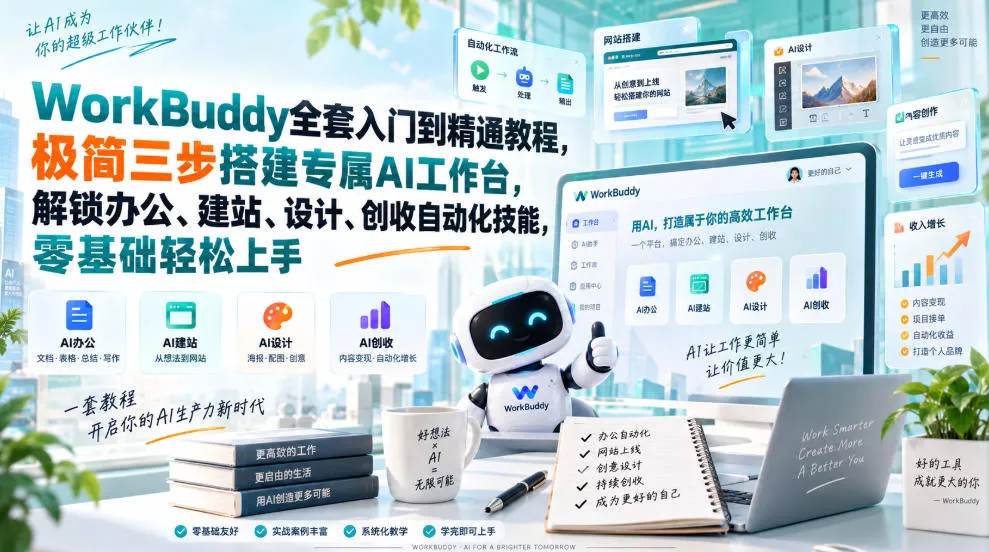 b486b8c5df8500e30fa6eac2a74c526a.webp WorkBuddy全套入门到精通教程,极简三步搭建专属AI工作台,解锁办公、建站、设计、创收自动化技能,零基础轻松上手
