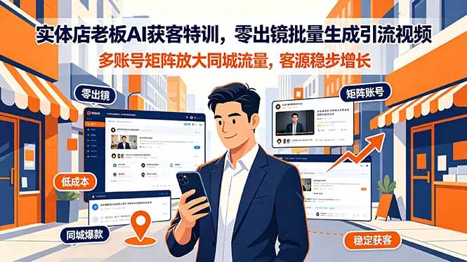 b52b78d279448bd38453b3a4e67554bd.webp 实体店老板AI获客特训,零出镜批量生成引流视频,多账号矩阵放大同城流量,客源稳步增长