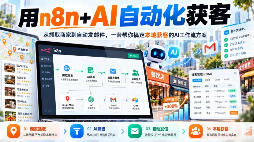 【无水印】用n8n+AI自动化获客,从抓取商家到自动发邮件,一套帮你搞定本地获客的AI工作流方案【原创双语字幕】祝你网--专注互联网创业.信息差副业研究拒绝割韭菜祝你网