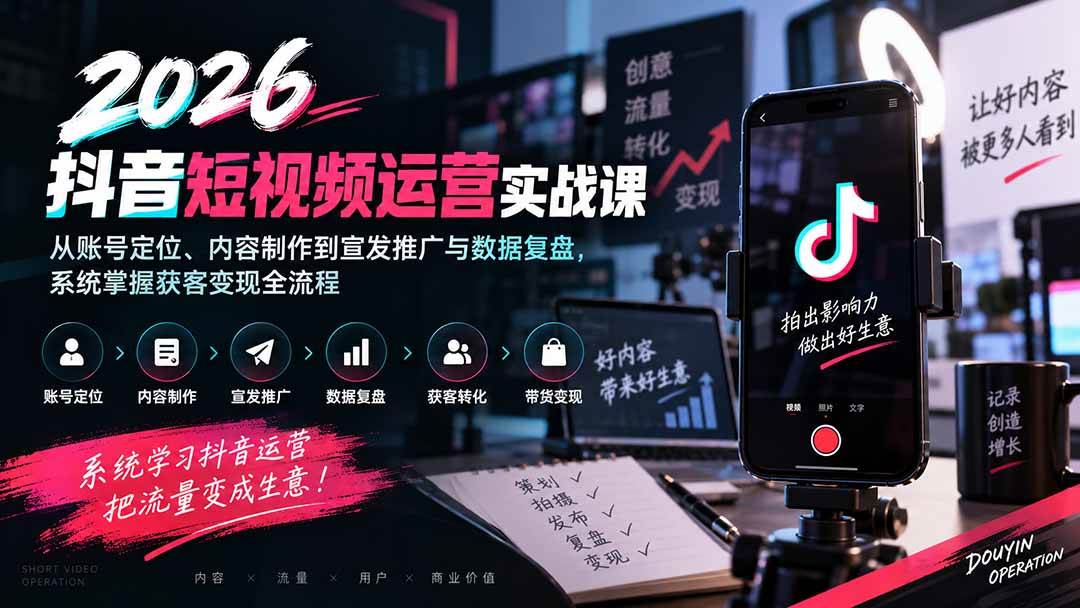 b5be836a3c4dfe73c912255a1a7749e8.jpeg (20406期)2026抖音短视频运营实战课:从账号定位、内容制作到宣发推广与数据复盘,系统掌握获客变现全流程