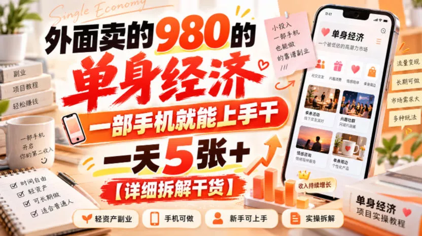 外面卖的980的单身经济,一部手机就能上手干,一天5张+【详细拆解干货】祝你网--专注互联网创业.信息差副业研究拒绝割韭菜祝你网