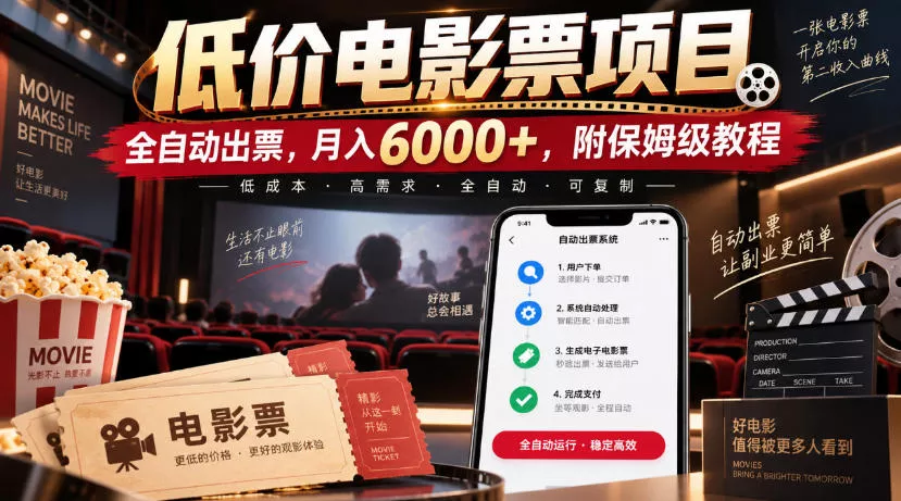 低价电影票项目,全自动出票,月入6000+,附保姆级教程【揭秘】祝你网--专注互联网创业.信息差副业研究拒绝割韭菜祝你网