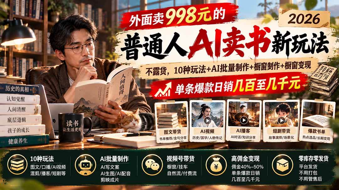 b6eb832f395b23ffd81abd8643fbbf22.jpeg (20909期)外面卖998元的2026普通人AI卖书新玩法:不露脸、不囤货,10种玩法+AI批量制作+橱窗变现,单条爆款日销几百至几千元