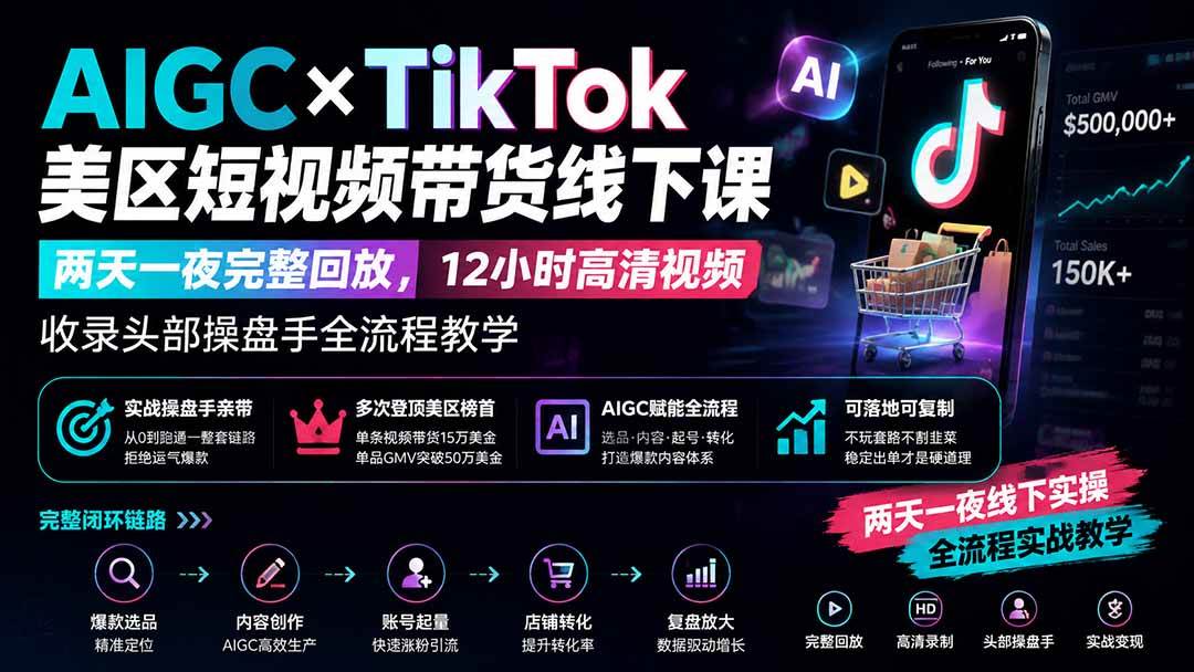 b7200e566f5ed2835338f6ccf13ee414.jpeg (19778期)AIGC×TikTok美区短视频带货线下课;两天一夜完整回放,12小时高清视频收录头部操盘手全流程教学