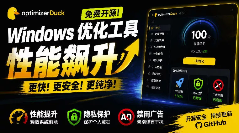 b72bdd79cfbbaa6c80db564b10920c64.webp 让Windows更纯净、透明、强大的优化工具!免费开源,主打性能提升、功能设置与磁盘清理OptimizerDuck