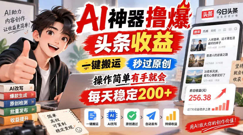 AI神器撸爆头条收益，一键搬运，秒过原创，操作简单有手就会，每天稳定200+【揭秘】祝你网--专注互联网创业.信息差副业研究拒绝割韭菜祝你网