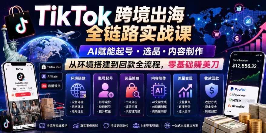 TikTok跨境出海全链路实战课,AI赋能起号・选品・内容制作,从环境搭建到回款全流程,零基础賺美刀祝你网--专注互联网创业.信息差副业研究拒绝割韭菜祝你网
