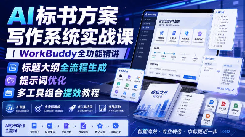 b7d27de288d77685c8a6f061c98fce04.webp AI标书方案写作系统实战课|WorkBuddy全功能精讲・标题大纲全流程生成・提示词优化・多工具组合提效教程