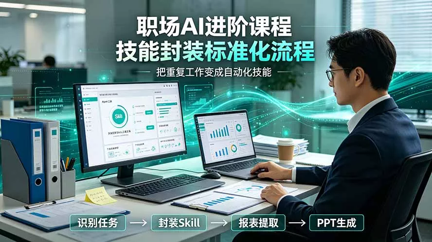 b7e2454720a5d9142b258a2d086259d2.webp 职场AI进阶课程;多类实用Skill工具实操,专属技能封装标准化流程,报表行业报告一键提取核心内容
