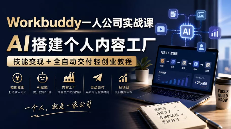 Workbuddy一人公司实战课,AI搭建个人内容工厂,技能变现+全自动交付轻创业教程祝你网--专注互联网创业.信息差副业研究拒绝割韭菜祝你网