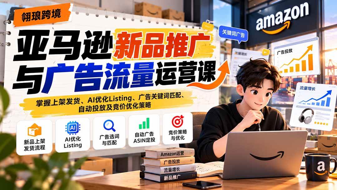 （21036期）亚马逊新品推广与广告流量运营课：掌握上架发货、AI优化Listing、广告关键词匹配、自动投放及竞价优化策略祝你网--专注互联网创业.信息差副业研究拒绝割韭菜祝你网