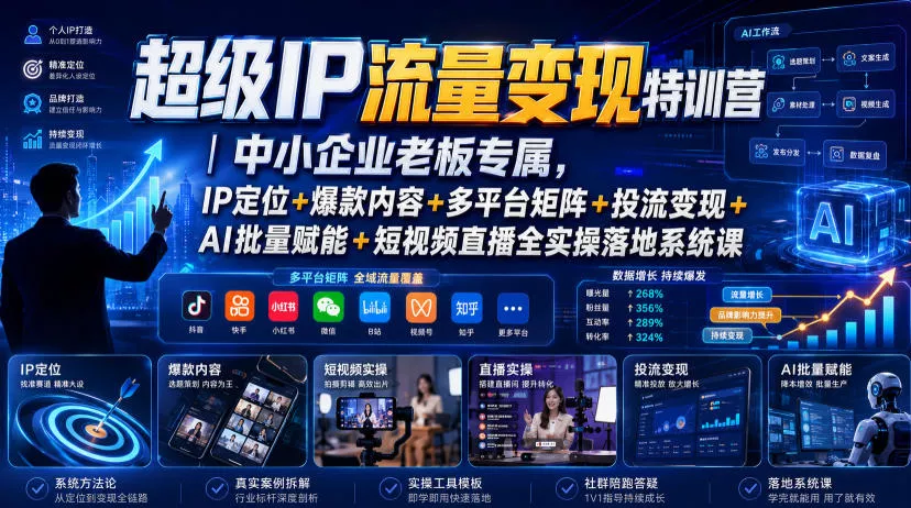 ba2d66d53b731b37c0a64ed58ea0198b.webp 超级IP流量变现特训营|中小企业老板专属,IP定位+爆款内容+多平台矩阵+投流变现+AI批量赋能+短视频直播全实操落地系统课