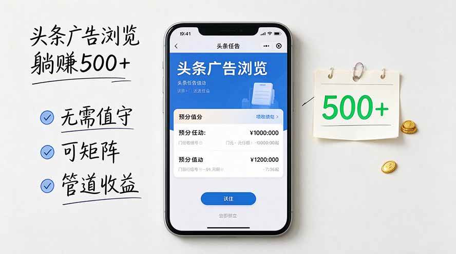 (20835期)头条广告浏览躺赚500+无需值守,可矩阵并附有管道收益祝你网--专注互联网创业.信息差副业研究拒绝割韭菜祝你网