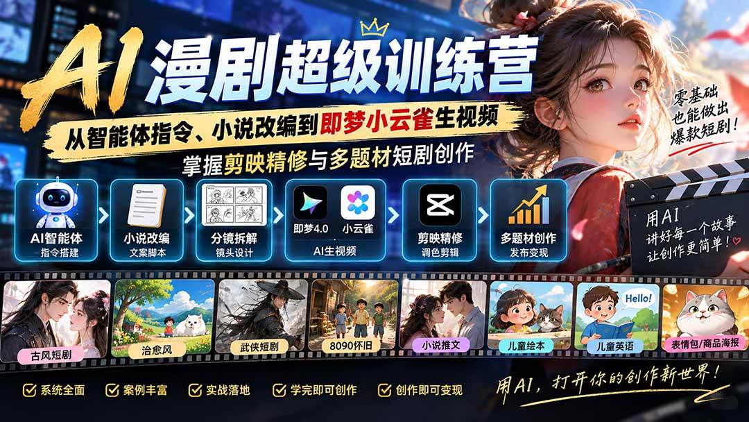 bb26ac5b77aca8a4ab5f1afbc0aa9a13.jpeg (20491期)AI漫剧超级特训营:从智能体指令、小说改编到即梦小云雀生视频,掌握剪映精修与多题材短剧创作
