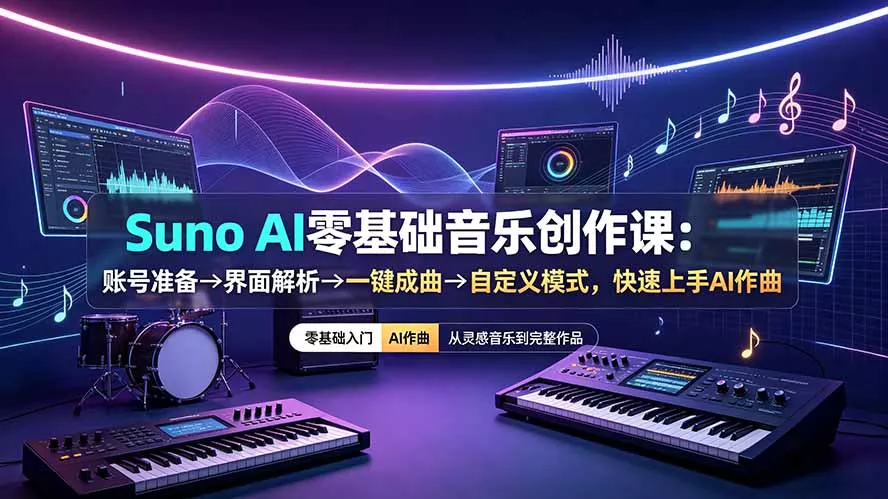 bb435335e6ecc303bb26e8c45d90945e.webp Suno AI零基础音乐创作课:账号准备→界面解析→一键成曲→自定义模式,快速上手AI作曲