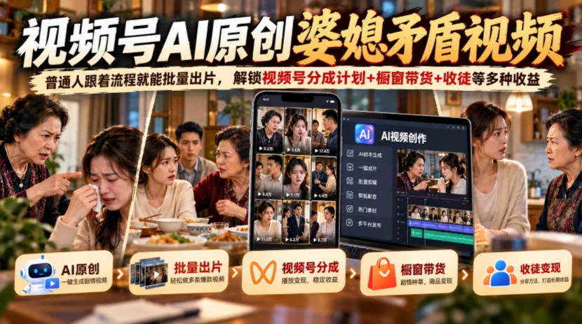 bb52cd123b83008496d9dce43eefd123.webp 视频号ai原创婆媳矛盾视频,普通人跟着流程就能批量出片,解锁视频号分成计划+橱窗带货+收徒等多种收益