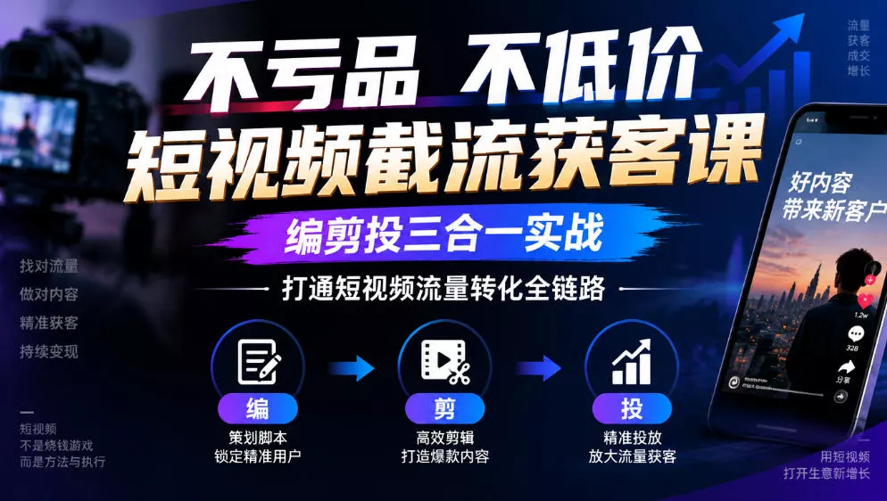 不亏品不低价短视频截流获客课,编剪投三合一实战,打通短视频流量转化全链路祝你网--专注互联网创业.信息差副业研究拒绝割韭菜祝你网