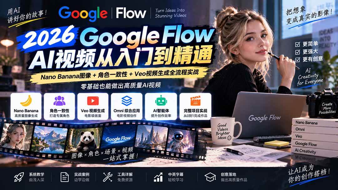 bbef2f0430a3b3028332bc7fe0ba774e.jpeg (20608期)【无水印】Google Flow AI视频从入门到精通:Nano Banana图像+角色一致性+Veo视频生成全流程实战-精翻中英字幕