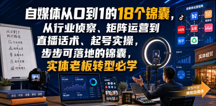 bbef9b7824300c6d819cdefd200102ac.webp 自媒体从0到1的18个锦囊,从行业侦察、矩阵运营到直播话术、起号实操,步步可落地的锦囊,实体老板转型必学