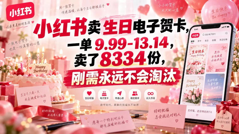 bc9528d4b270e22ebcd69ef6e89f4105.webp 小红书卖生日电子贺卡,一单9.99-13.14,卖了8334份,刚需永远不会淘汰