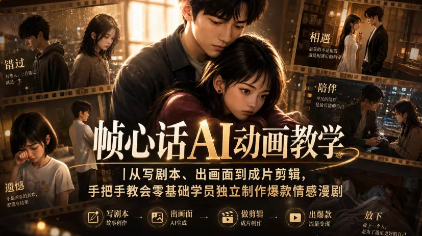 bcd72c62ddfde3a360a6bc41f2da2be7.webp 帧心话AI动画教学|从写剧本、出画面到成片剪辑,手把手教会零基础学员独立制作爆款情感漫剧