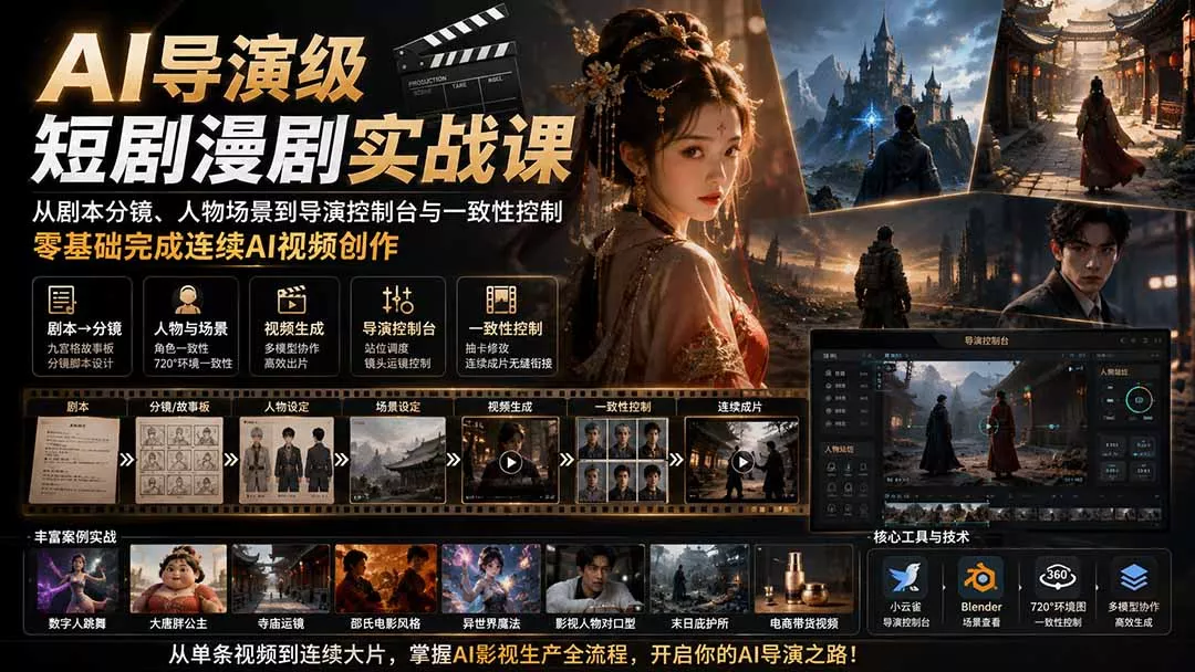 bcfb1159524c84292b36bb2495b4f682.webp AI导演级短剧漫剧实战课:从剧本分镜、人物场景到导演控制台与一致性控制,零基础完成连续AI视频创作 (更新