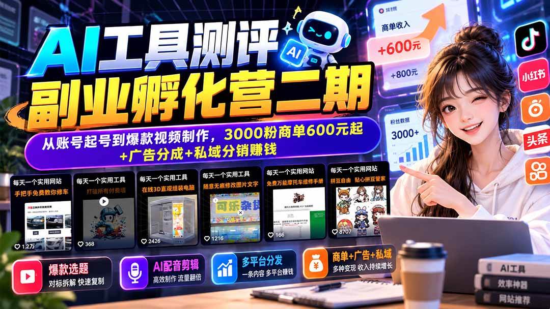 bd59c445f4ad282c7298004bca55e1e4.jpeg (20799期)AI工具测评副业孵化营二期:从账号起号到爆款视频制作,3000粉商单600元起+广告分成+私域分销赚钱