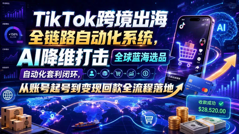 TikTok跨境出海全链路自动化系统,AI降维打击全球蓝海选品自动化套利闭环,从账号起号到变现回款全流程落地(2026年7月)祝你网--专注互联网创业.信息差副业研究拒绝割韭菜祝你网