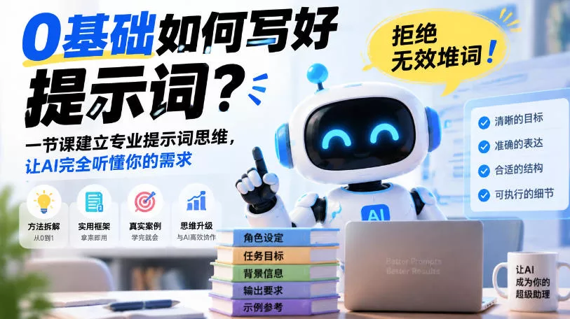be7f2606fe8518f443c3464a2b6c9769.webp 0基础如何写好提示词,拒绝无效堆词!一节课建立专业提示词思维,让AI完全听懂你的需求
