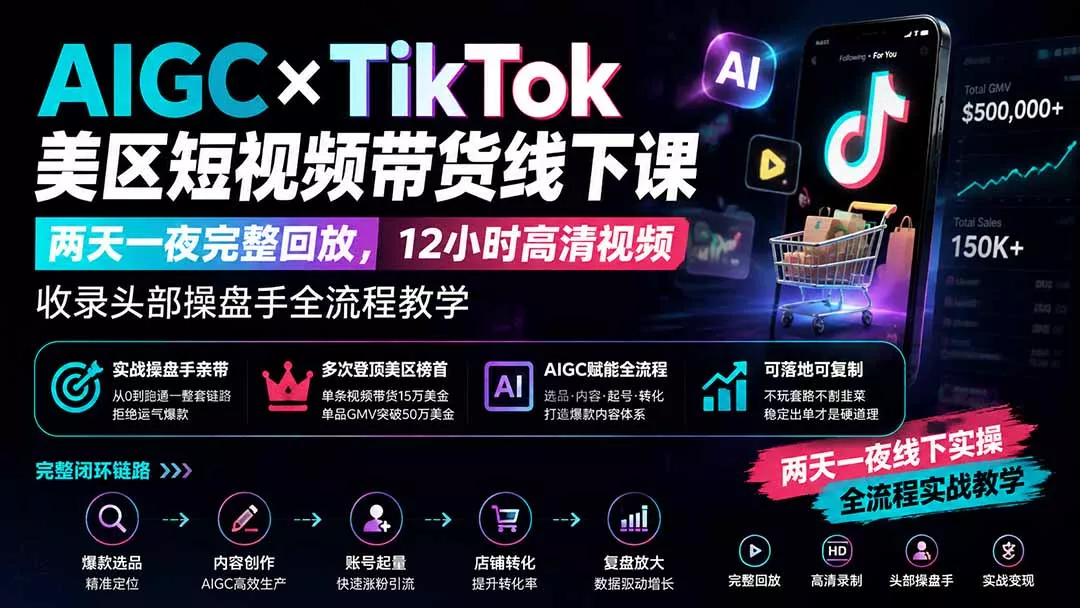 beb8675fca0e1476c0317af049982e1d.webp AIGC×TikTok美区短视频带货线下课;两天一夜完整回放,12小时高清视频收录头部操盘手全流程教学