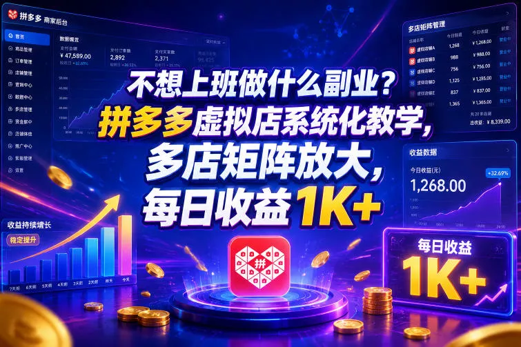 不想上班做什么副业?拼多多虚拟店系统化教学,多店矩阵放大,每日收益1K+【揭秘】祝你网--专注互联网创业.信息差副业研究拒绝割韭菜祝你网