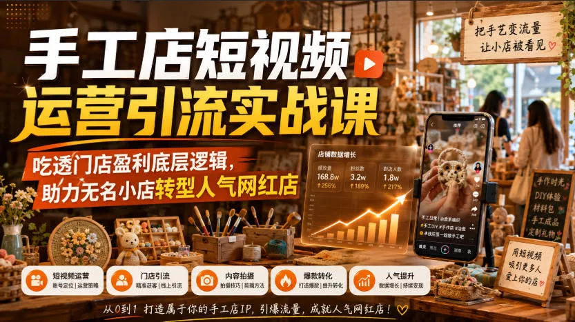 手工店短视频运营引流实战课，吃透门店盈利底层逻辑，助力无名小店转型人气网红店祝你网--专注互联网创业.信息差副业研究拒绝割韭菜祝你网