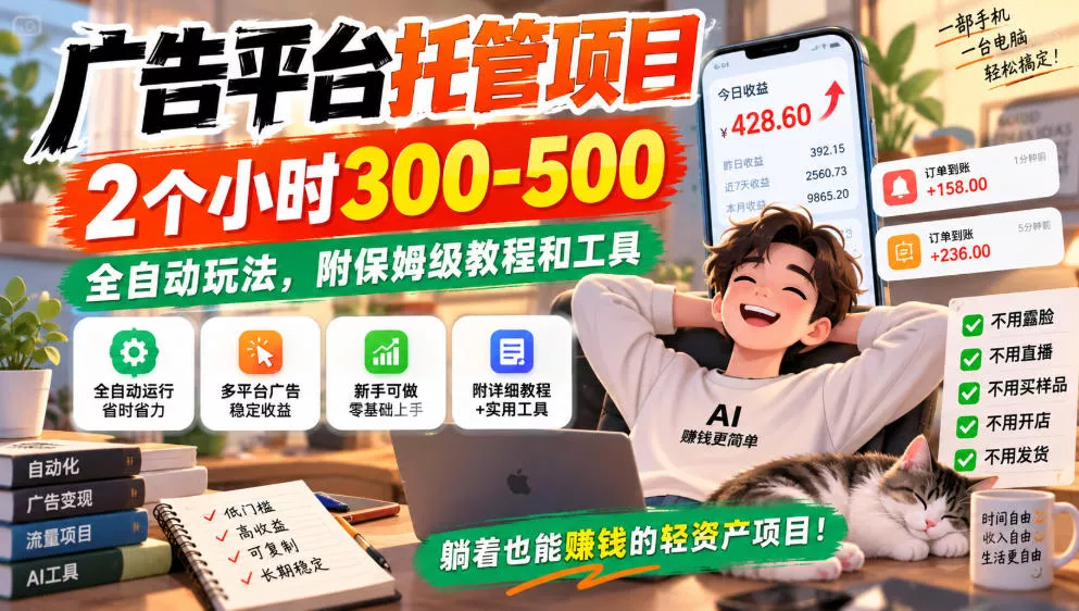广告平台托管项目,2个小时300-500,全自动玩法,附保姆级教程和工具,小白照着就能做【揭秘】祝你网--专注互联网创业.信息差副业研究拒绝割韭菜祝你网