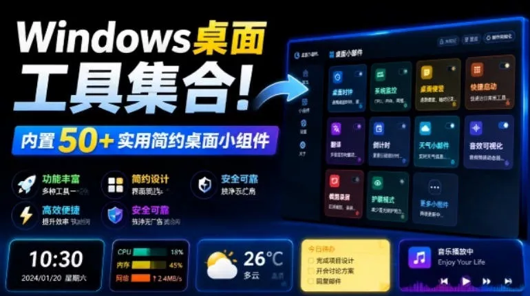 Windows桌面工具集合！内置50+实用简约桌面小组件，含截图、录屏、翻译、天气等，多秘工具箱祝你网--专注互联网创业.信息差副业研究拒绝割韭菜祝你网