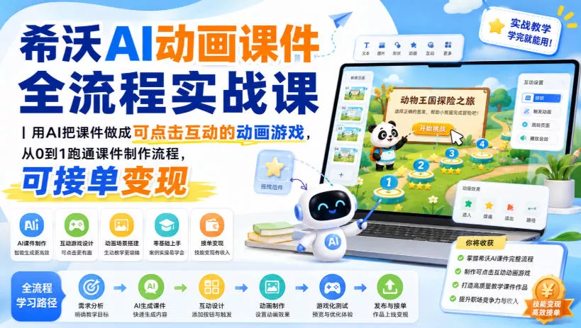 c04e8b5ab88af7cd5ffe33887840c6bd.webp 希沃AI动画课件全流程实战课|用AI把课件做成可点击互动的动画游戏,从0到1跑通课件制作流程,可接单变现