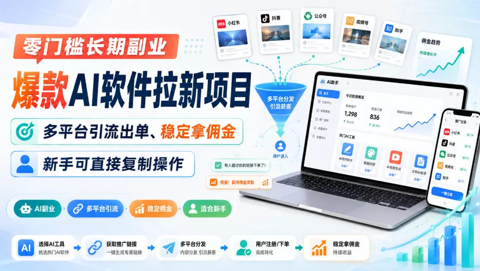 零门槛长期副业,爆款AI软件拉新项目,多平台引流出单、稳定拿佣金,新手可直接复制操作祝你网--专注互联网创业.信息差副业研究拒绝割韭菜祝你网