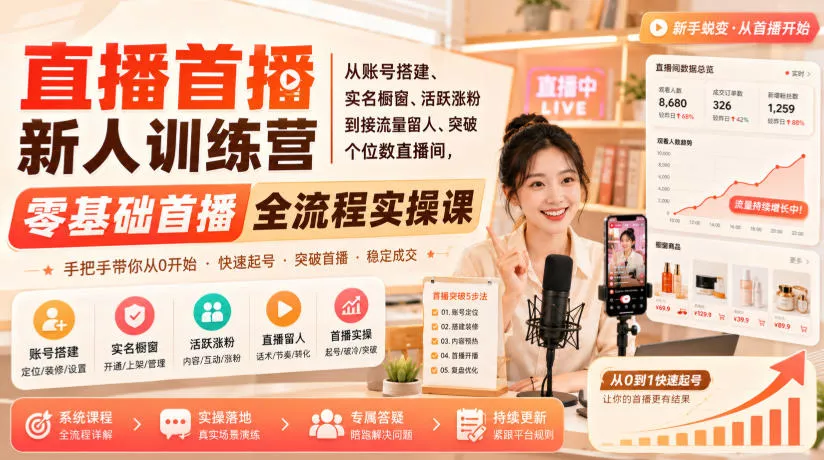 c104cf3e80b1af237524d64d95b52173.webp 直播首播新人训练营|从账号搭建、实名橱窗、活跃涨粉到接流量留人、突破个位数直播间,零基础首播全流程实操课