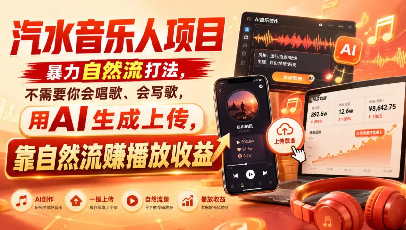 c14c316be387774e0fb803934bb6eb92.webp 汽水音乐人项目,暴力自然流打法,不需要你会唱歌、会写歌,用AI生成上传,靠自然流賺播放收益