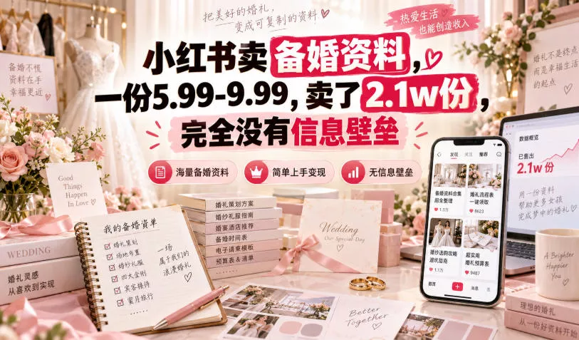 小红书卖备婚资料,一份5.99-9.99,卖了2.1w份,完全没有信息壁垒祝你网--专注互联网创业.信息差副业研究拒绝割韭菜祝你网