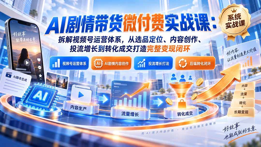 c18cd0dcc675eeb06b3610cdce9d28da.jpeg (20611期)AI剧情带货微付费实战课:拆解视频号运营体系,从选品定位、内容创作、投流增长到转化成交打造完整变现闭环
