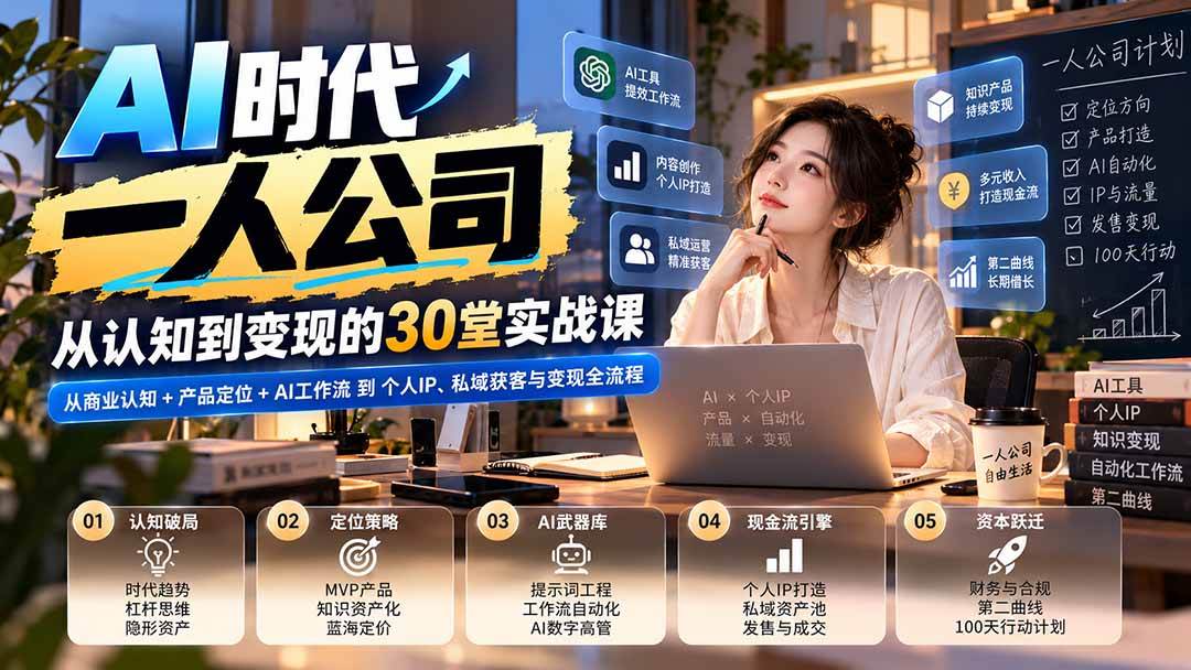 c20c6e67a9192496817a3fbd29c3e545.jpeg (20847期)【无水印】AI时代一人公司30堂实战课:从商业认知+产品定位+AI工作流到个人IP、私域获客与变现全流程
