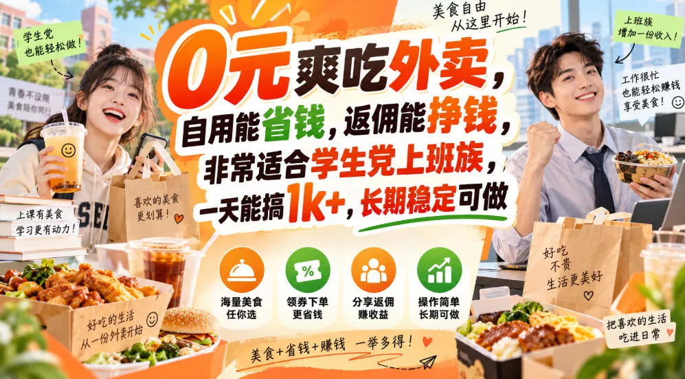 0元爽吃外卖,自用能省钱,返佣能挣钱,非常适合学生党上班族,一天能搞1k+,长期稳定可做祝你网--专注互联网创业.信息差副业研究拒绝割韭菜祝你网