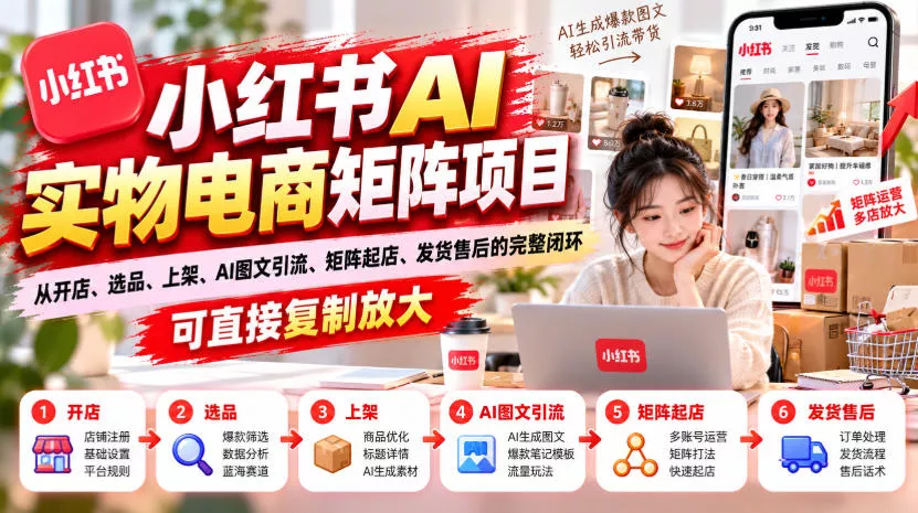 小红书AI实物电商矩阵项目,从开店、选品、上架、AI图文引流、矩阵起店、发货售后的完整闭环,可直接复制放大祝你网--专注互联网创业.信息差副业研究拒绝割韭菜祝你网