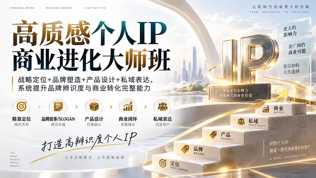 高质感个人IP商业进化大师班:战略定位+品牌塑造+产品设计+私域表达,系统提升品牌辨识度与商业转化完整能力祝你网--专注互联网创业.信息差副业研究拒绝割韭菜祝你网