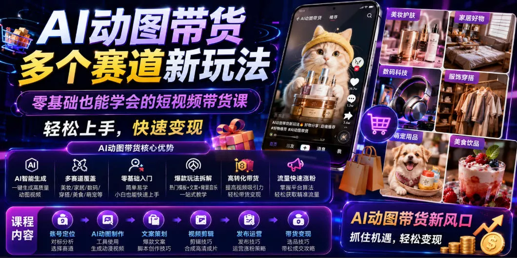 AI动图带货多个赛道新玩法，零基础也能学会的短视频带货课，轻松上手，快速变现祝你网--专注互联网创业.信息差副业研究拒绝割韭菜祝你网