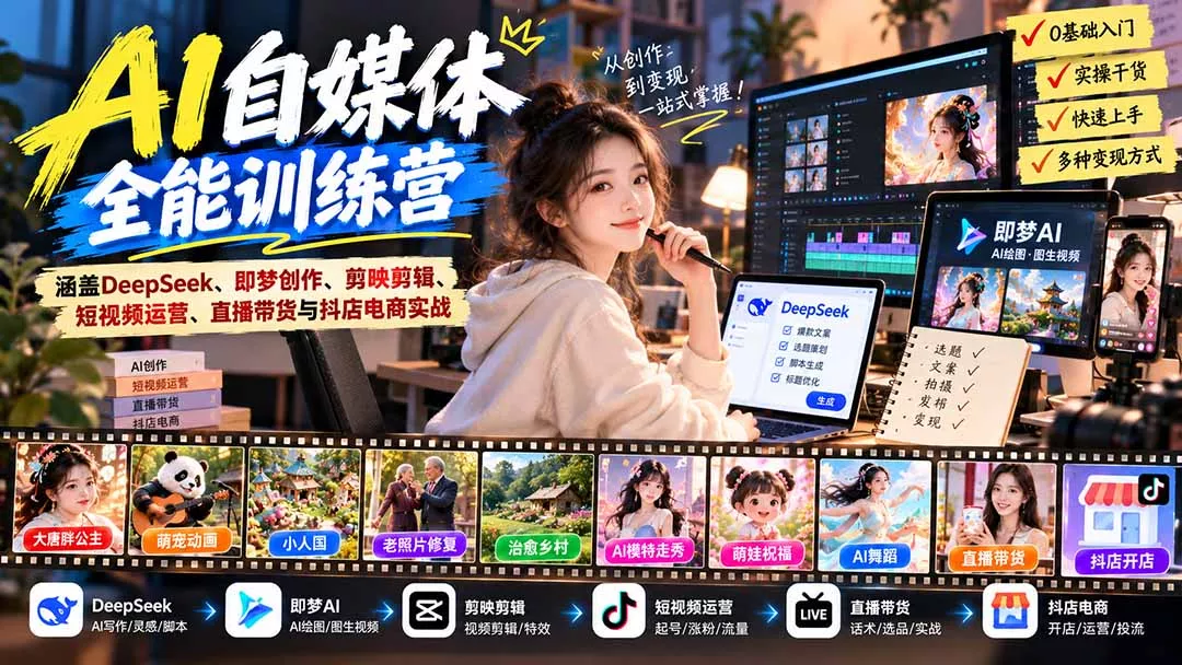c4051efabb14e769f9e66a83baa09e21.webp 【无水印】AI+自媒体全能训练营:涵盖DeepSeek、即梦创作、剪映剪辑、短视频运营、直播带货与抖店电商实战