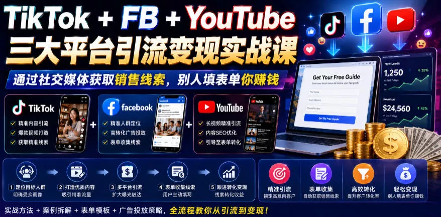 TikTok+FB+YouTube三大平台引流变现实战课,通过社交媒体获取销售线索,别人填表单你賺钱【原创双语字幕】祝你网--专注互联网创业.信息差副业研究拒绝割韭菜祝你网
